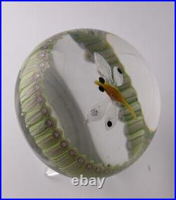 1970 Perthshire Yellow Dragonfly WithWhite Latticinio Wings Signed Paperweight