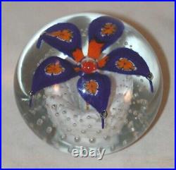 1970s Henry Davis Blown Art Glass Paperweight Cobalt Blue & Orange Flower