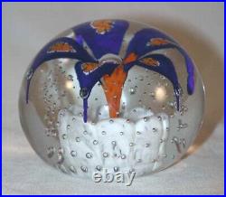 1970s Henry Davis Blown Art Glass Paperweight Cobalt Blue & Orange Flower