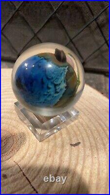 1974 JOSH SIMPSON Paperweight Art Glass Inhabited Planet, 2Signed-RARE WithStand