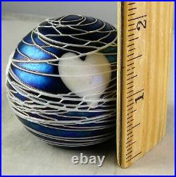 1977 Terry Crider Studio Art Glass Blue Iridescent Paperweight Threading Hearts