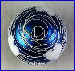 1977 Terry Crider Studio Art Glass Blue Iridescent Paperweight Threading Hearts