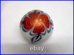 1979 Signed Vandermark Art Glass Pulled Feather With Flower Paperweight