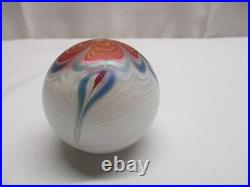 1979 Signed Vandermark Art Glass Pulled Feather With Flower Paperweight