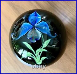 1985 Grant Randolph Studios Blue Iris Handblown Art Glass Round Paperweight