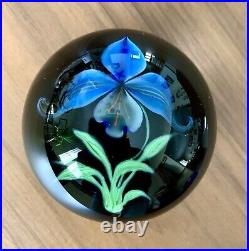 1985 Grant Randolph Studios Blue Iris Handblown Art Glass Round Paperweight