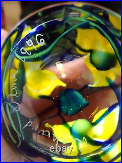 1986 Signed Richard Olma Cased Floral Yellow Flowers Art Glass Paperweight