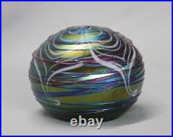 1987 Terry Crider Art Glass Iridescent Threaded Pulled Feather Paperweight