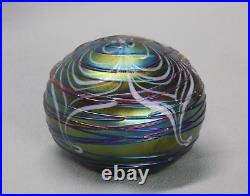 1987 Terry Crider Art Glass Iridescent Threaded Pulled Feather Paperweight