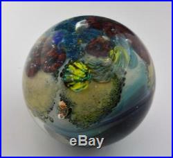 1995 Josh Simpson Inhabited Planet with Spaceship Glass Marble Paperweight Signed