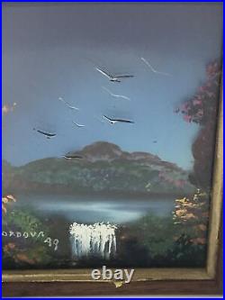 1999 Layered Art Glass Trio Signed. Mountains Waterfall Framed4.5x6.5 STUNNING