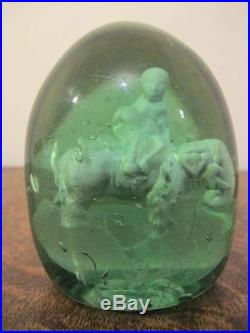 19thC VICTORIAN GREEN GLASS DUMP PAPERWEIGHT WITH ELEPHANT & BOY SULPHIDE