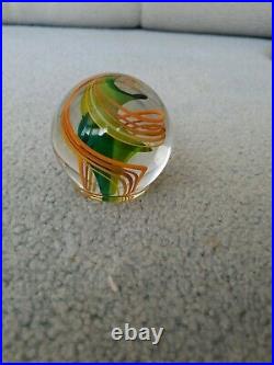 2 1/2 Mark Matthews Art Glass Green & Orange Swirl Marble Paperweight 1986