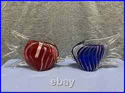 2 Art Glass Fish Paperweights Blue & White Stripe & Red & White Stripes 10 Inch