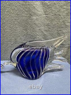 2 Art Glass Fish Paperweights Blue & White Stripe & Red & White Stripes 10 Inch