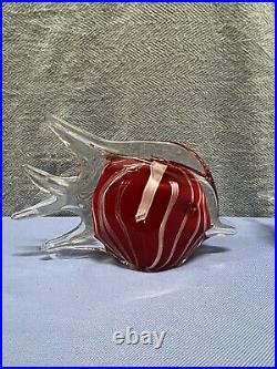 2 Art Glass Fish Paperweights Blue & White Stripe & Red & White Stripes 10 Inch