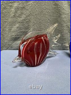 2 Art Glass Fish Paperweights Blue & White Stripe & Red & White Stripes 10 Inch