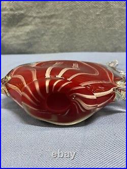 2 Art Glass Fish Paperweights Blue & White Stripe & Red & White Stripes 10 Inch