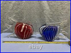 2 Art Glass Fish Paperweights Blue & White Stripe & Red & White Stripes 10 Inch