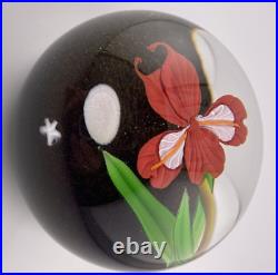 2022 MAYAUEL WARD Red Iris WithFull Moon/Stars on Iridescent Base Paperweight 3.2