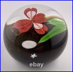 2022 MAYAUEL WARD Red Iris WithFull Moon/Stars on Iridescent Base Paperweight 3.2