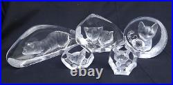 5 MATS JONASSON Sweden Cat Kitten Paperweights Etched Crystal Glass up to 7