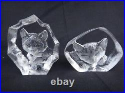 5 MATS JONASSON Sweden Cat Kitten Paperweights Etched Crystal Glass up to 7