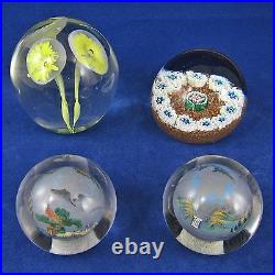 ART GLASS PAPERWEIGHTS Lot Of 4 Vintage MILLEFIORI Yellow Flowers ASIAN SCENERY
