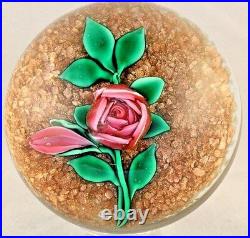 AWESOME Ray BANFORD Pink Cabbage ROSE and BUD Gold Stone ART Glass PAPERWEIGHT