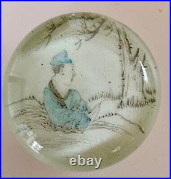 Antique Chinese Hand Painted Ground Glass Paperweight Scholar Sitting By Tree