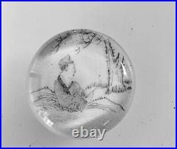 Antique Chinese Hand Painted Ground Glass Paperweight Scholar Sitting By Tree