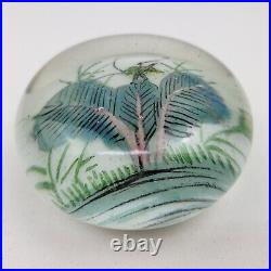 Antique Chinese Painted White Ground Art Glass Paperweight Cricket Foliage Vtg