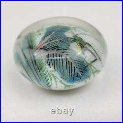 Antique Chinese Painted White Ground Art Glass Paperweight Cricket Foliage Vtg