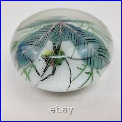 Antique Chinese Painted White Ground Art Glass Paperweight Cricket Foliage Vtg