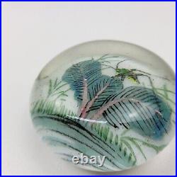 Antique Chinese Painted White Ground Art Glass Paperweight Cricket Foliage Vtg