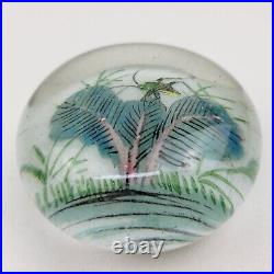 Antique Chinese Painted White Ground Art Glass Paperweight Cricket Foliage Vtg