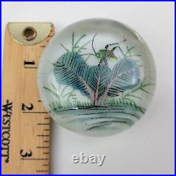 Antique Chinese Painted White Ground Art Glass Paperweight Cricket Foliage Vtg