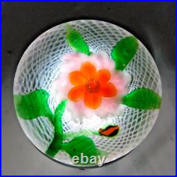 Antique Pink Orange White Clematis Flower & Latticino Work Art Glass Paperweight