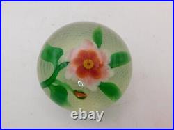 Antique Pink Orange White Clematis Flower & Latticino Work Art Glass Paperweight