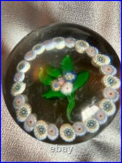 Antique St Louis Art Glass Flowers w Leaves Glass Millefiori Paperweight 19th
