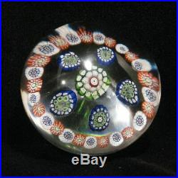 Antique St. Louis Large Millefiori Canes Glass Paperweight Orange Blue Green