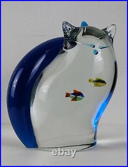 Art Glass PaperWeight Clear/Blue Cat with Fish