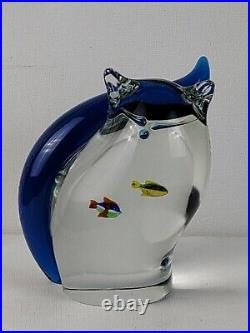 Art Glass PaperWeight Clear/Blue Cat with Fish