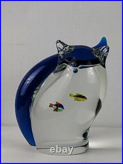 Art Glass PaperWeight Clear/Blue Cat with Fish