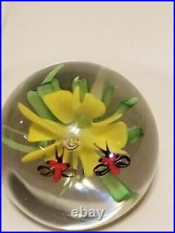 Art Glass Paperweight Collectible Yellow Flower Bees Bugs Insects Desk Decor