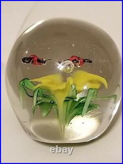 Art Glass Paperweight Collectible Yellow Flower Bees Bugs Insects Desk Decor