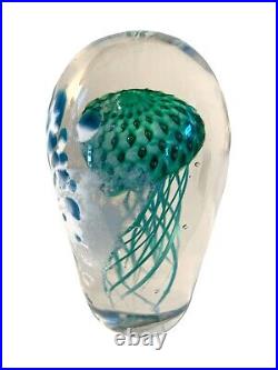 Artist Signed Green Controlled Bubbles Jellyfish Art Glass Paperweight 2019