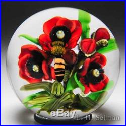 BEAUTIFUL David Graeber 2017 red poppies and honeybee petite glass paperweight