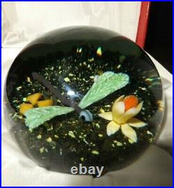 Baccarat Paperweight Dragon Fly, Flower & Rocks Lampwork on Green Translucent Gr