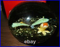 Baccarat Paperweight Dragon Fly, Flower & Rocks Lampwork on Green Translucent Gr
